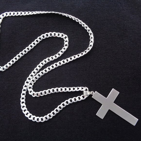 Flat Cross Necklace, 925 ITALY SOLID Sterling Silver Cross Pendant Curb Chain - Picture 5 of 5